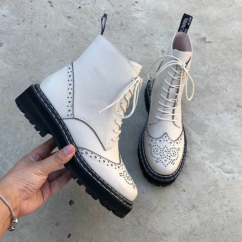 

Women Winter cheleas Boots Genuine leather Ankle Laces Up flat boot woman Short black Boots 2020 for women boots