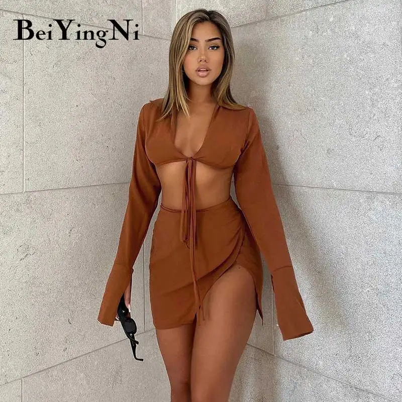 

Beiyingni Two Piece Set Women Long Sleeve Crop Tops And Mini Skirts Split Bandage Spring Autumn Y2K Suit Female Casual Tie Up