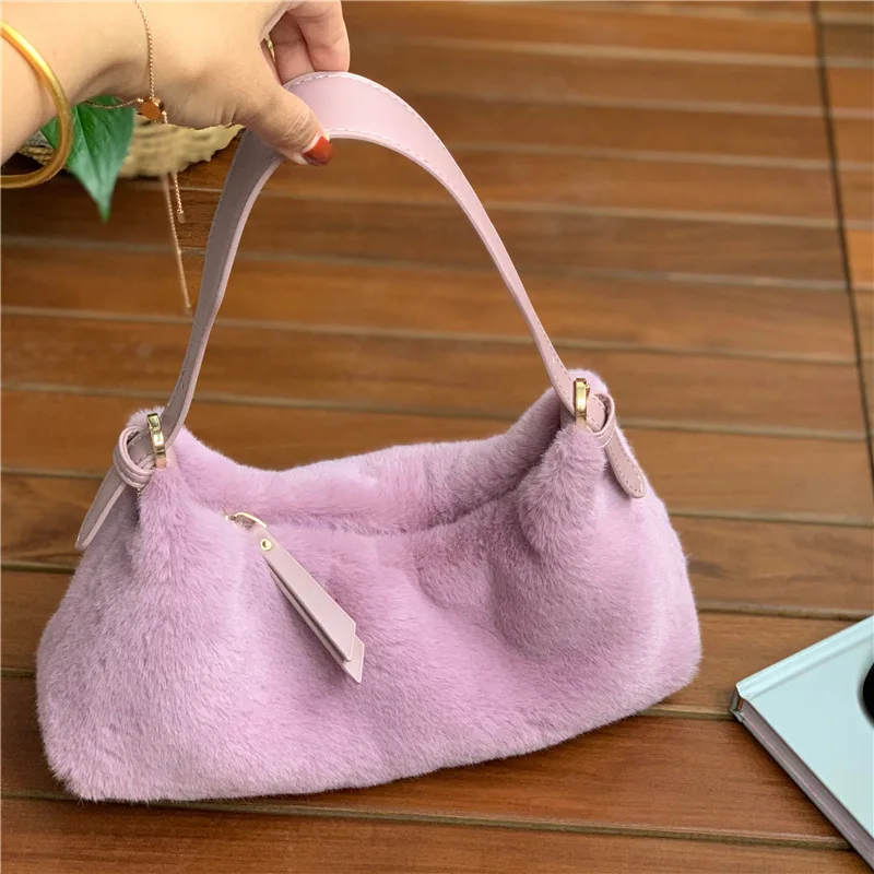 

Winter Women Fashion Handbags Purple Woolen Baguette Shoulder Bag Women Craft Plush Underarm Female Faux Fur Bag Soft Purses