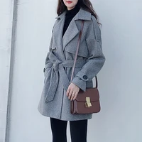 new womens 2020 autumn winter woolen coat ladies thick double breasted korean loose wild gray herringbone wool coat female q349