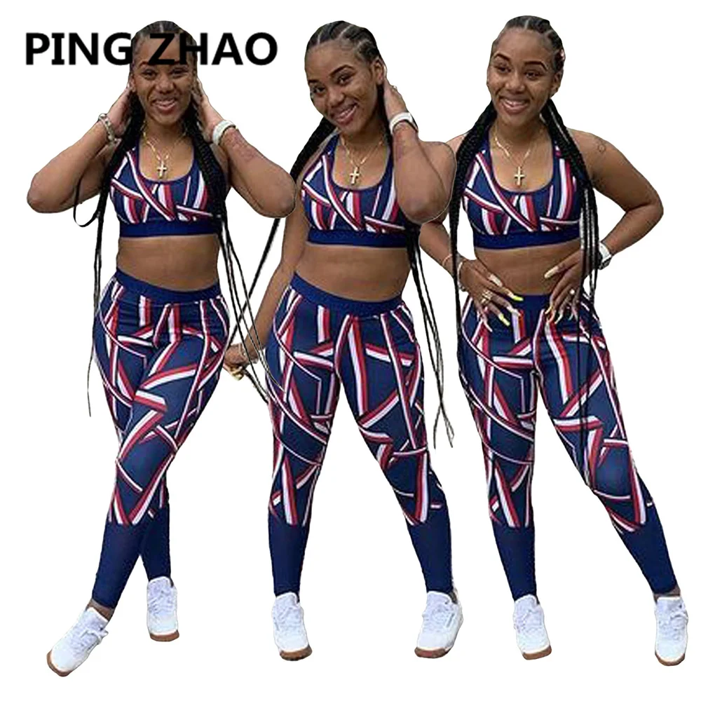 

PING ZHAO Print Sweatsuit Workout Women's Set Tank Tops Legging Pants Matching 2 Piece Outfit Tracksuit Summer 2021