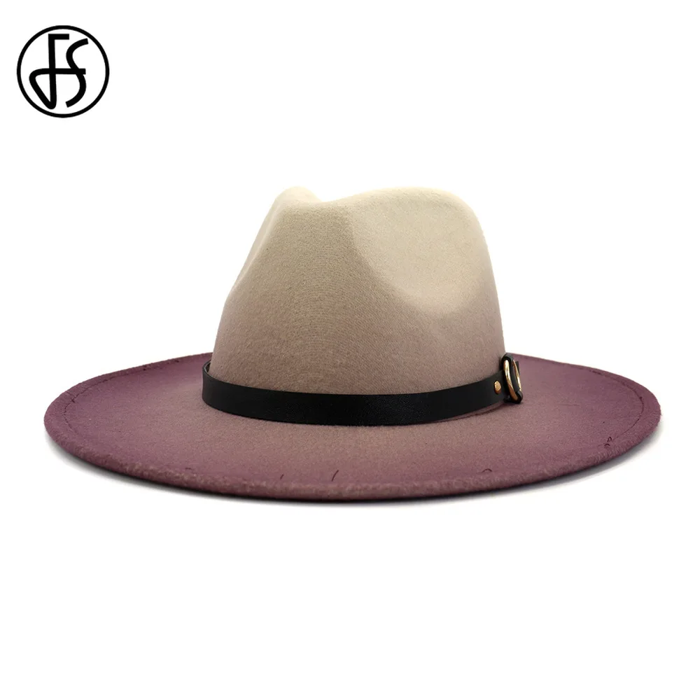 

FS Felt Fedora Hat Jazz Caps With Wide Brim Women Men Gradient Color Wool Blend Panama Trilby Vintage Party Wedding Church Hats