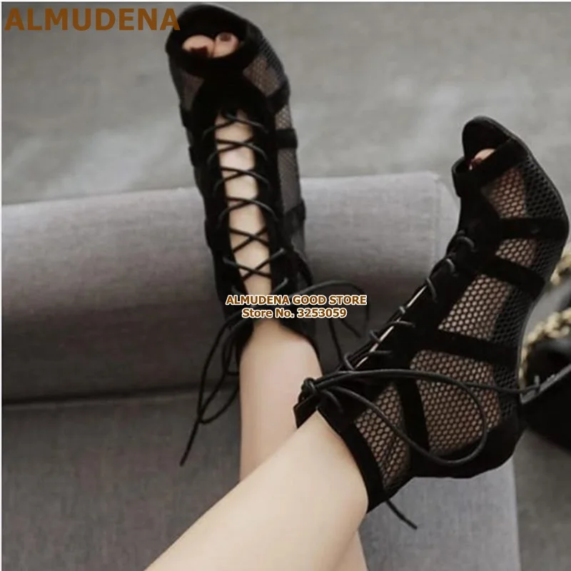 ALMUDENA Black Suede Mesh Net Ankle Boots Sexy Lace-up Hollow Out Dress Shoes High Heel Thin Strappy Patchwork Banquet Pumps | Обувь