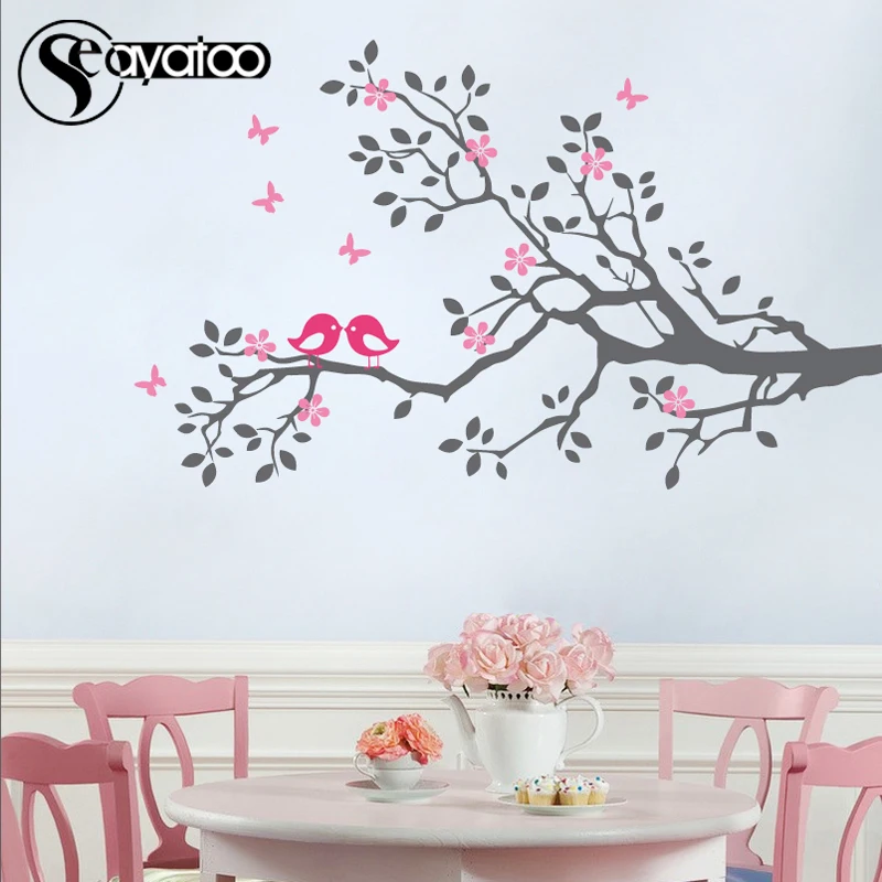 Съемная виниловая наклейка на стену в виде цветущей ветки дерева, цветов, любящих птиц, для спальни, домашний декор, 60x100 см Seayatoo