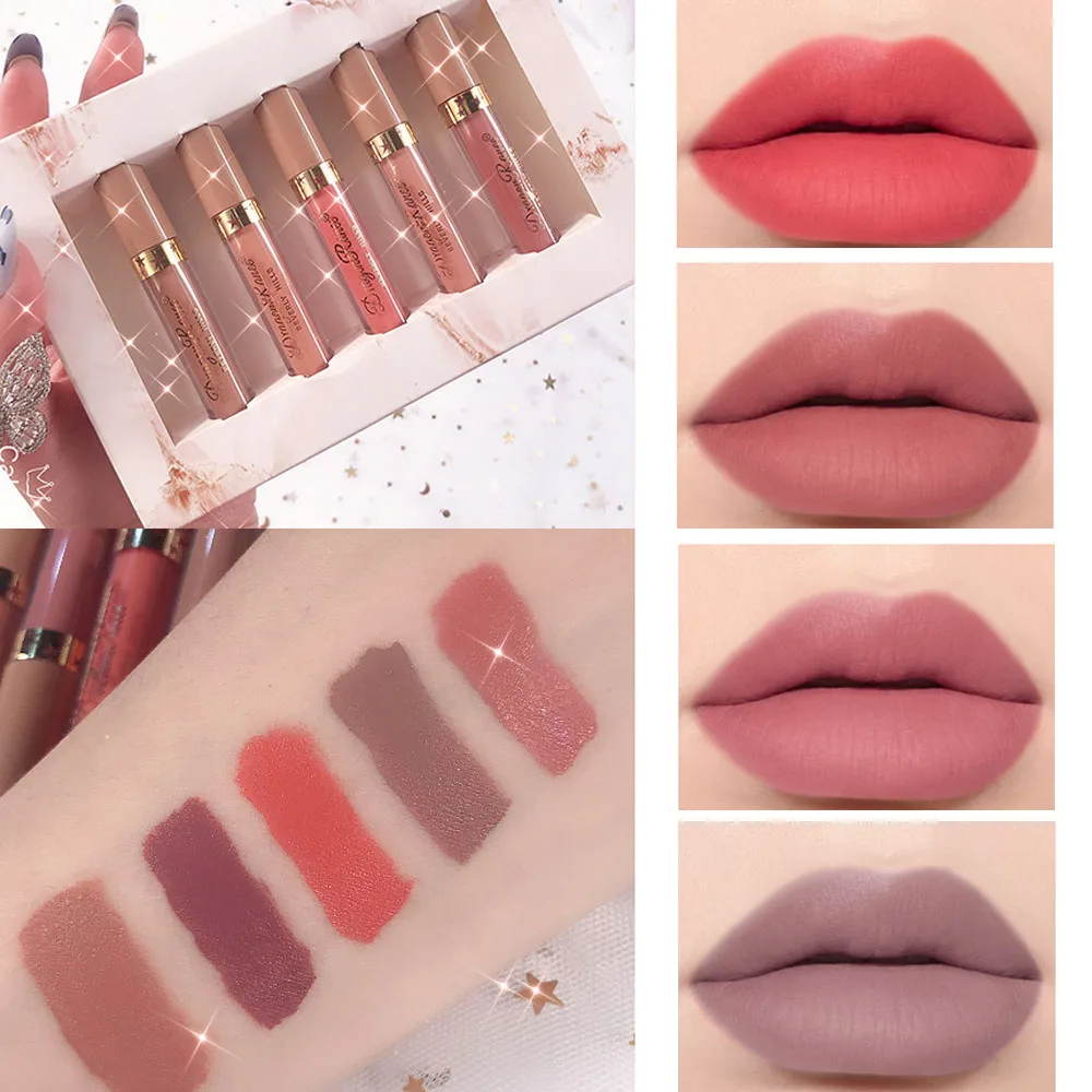 

Набор матовых помад 5 шт./лот, водостойкая питательная бархатная помада, красный оттенок, нюдовая губная помада, женский модный набор для мак...