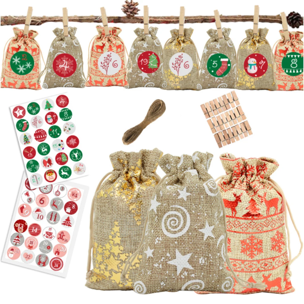 

24 Pcs Christmas Advent Bags Cotton Linen Recycling Package Handmade Hanging Calendar Present Bag Holiday Household