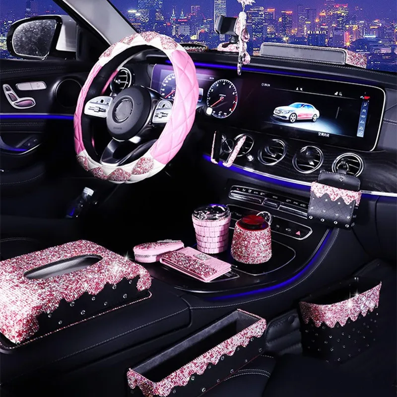

High end fashion women car diamond storage box rearviwe mirror pendant steering wheel cover car interior decorations