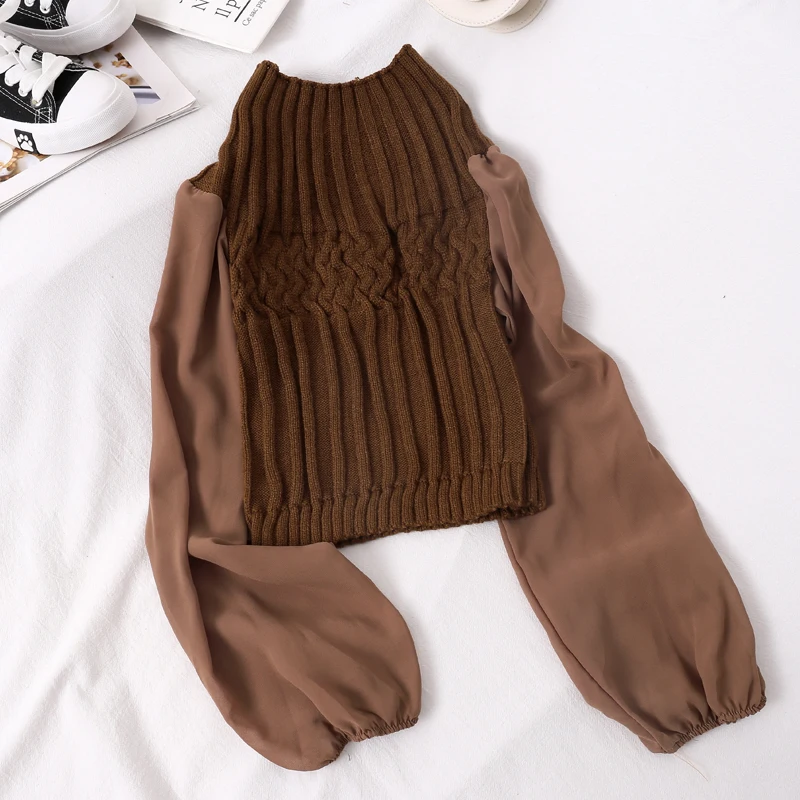 Женская облегающая блузка с воротником под горло трикотажная шифоновая рукавами