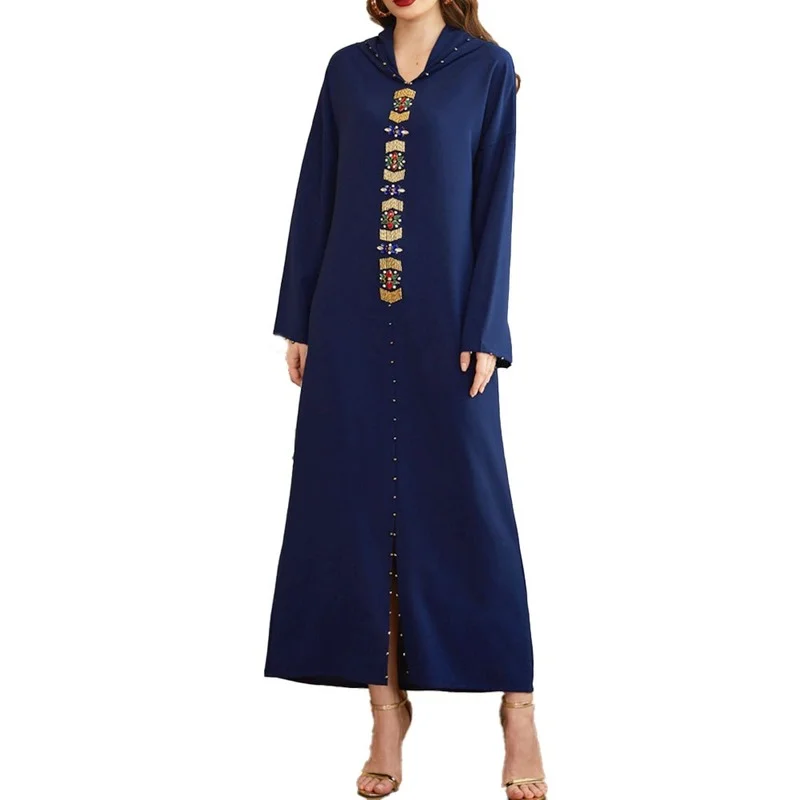 Riched Muslim Dress Beads Women 2021 Autumn Jellaba Kaftan Diamond Fashion Casual Hooded Split Long Sleeves Maxi Dresses