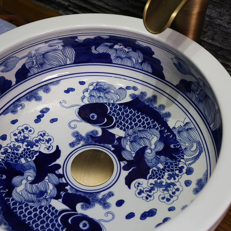 Сине-белая керамическая раковина в винтажном Европейском стиле столешница для