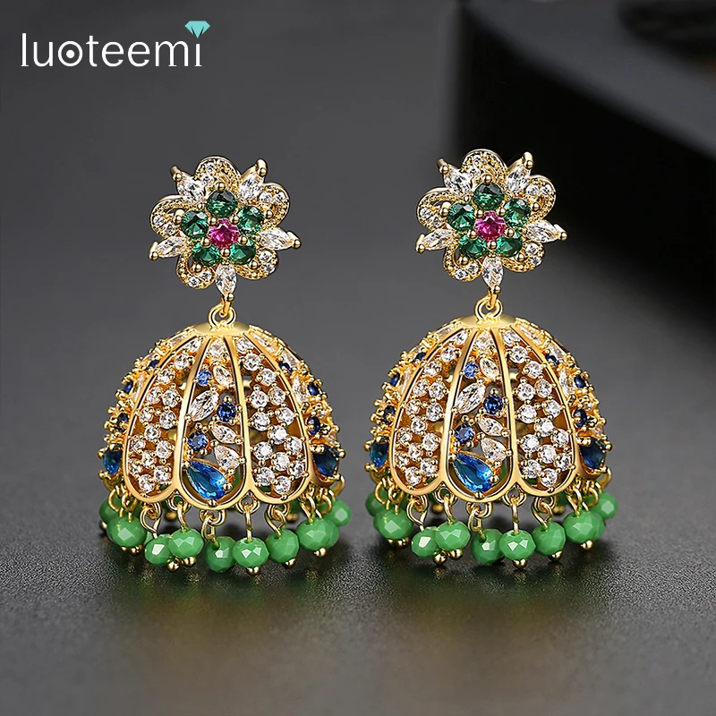 

LUOTEEMI Gorgeous Indian Design Heart Hollowed Flower Big Dangle Drop Earrings for Women Colorful CZ Fashion Jewelry Brincos