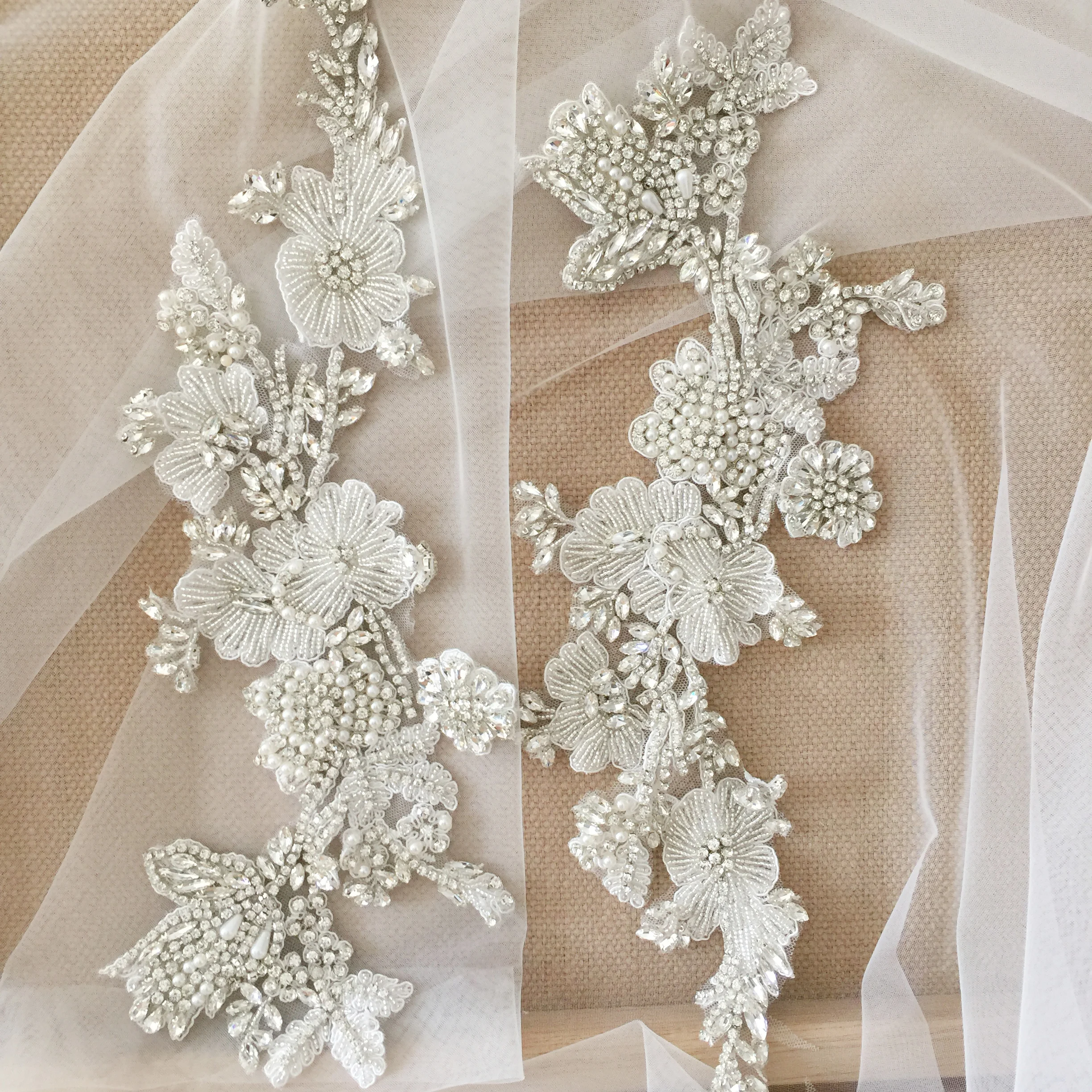 

Delicate Flower Rhinestone Applique Pair Crystal Beaded Bridal Gown Bodice Cape Couture Crystal Applique