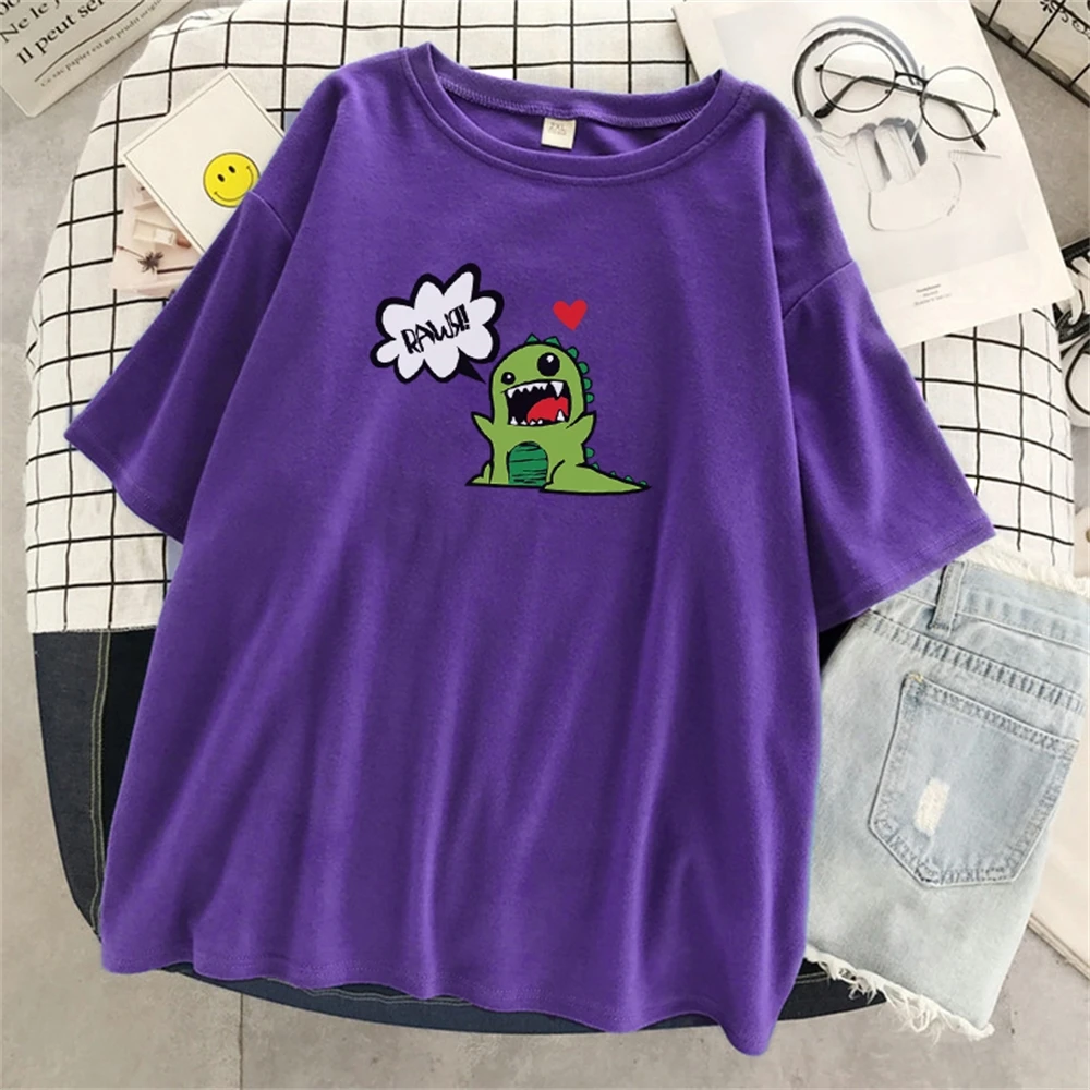 

Kawaii little dinosaur Personality Print Women T Shirt New O-Neck T Shirt Creativity Brand Tops Cartoons Summer Tshirt Women's N