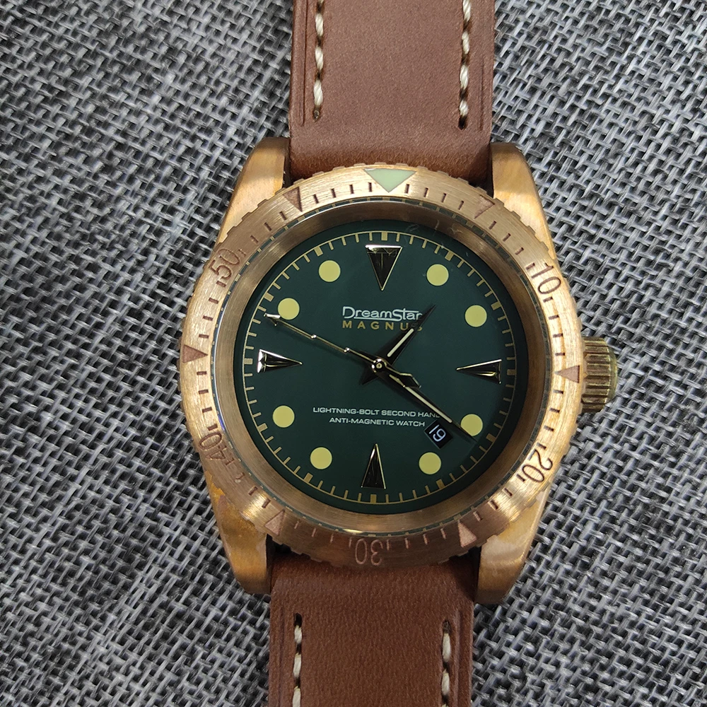 

Часы Hruodland Мужские автоматические с зеленым циферблатом, бронзовые, t-образные механические с сапфировым стеклом и кожаным ремешком, PT5000