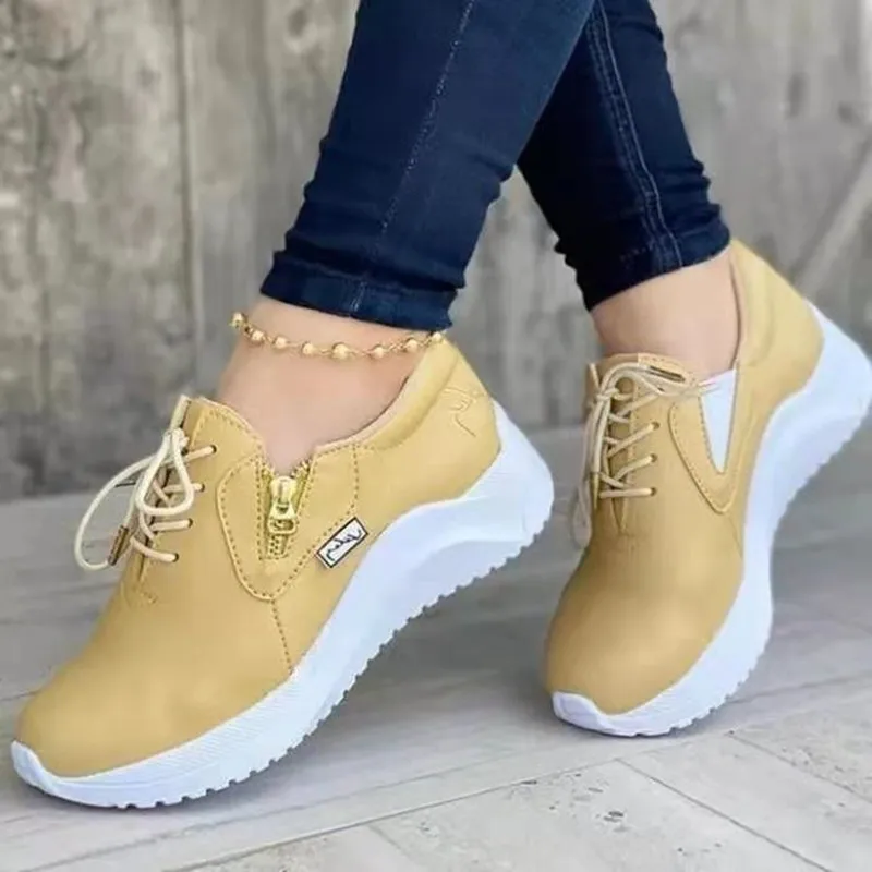 

Кроссовки женские из натуральной кожи, на платформе, на молнии, без каблука, Нескользящие, дышащие, Вулканизированная подошва, повседневные ...