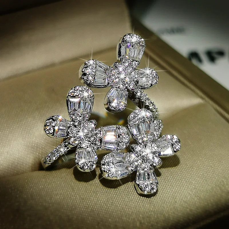 

Luxury 925 Silver Adjustable Cute Clover Silver Ring Zircon Fashion Women Wedding Engagement Jewelry Birthday Gift Ring