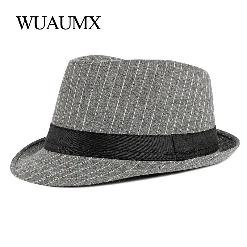 

Wuaumx British Style Fedoras Hat For Men Women Stripe Jazz Hats Unisex Top Panama Hat Spring Autumn Bowler Caps chapeau femme