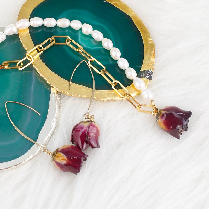 Серьги в форме розы ожерелье из розового жемчуга серебро 925 пробы игольчатые