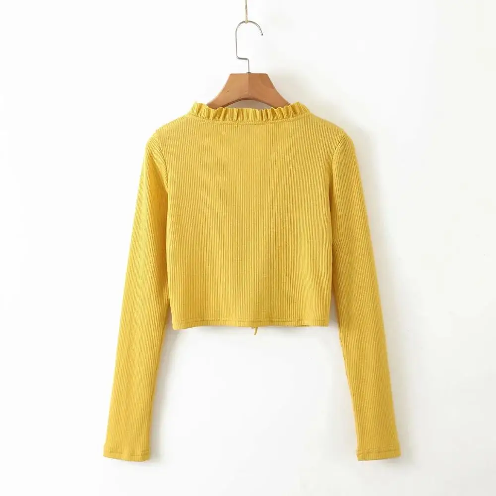 Klacwaya women 2020 fashion lace up ruffles open stitch ladies full sleeve V-neck 100% cotton sweater sexy club style |