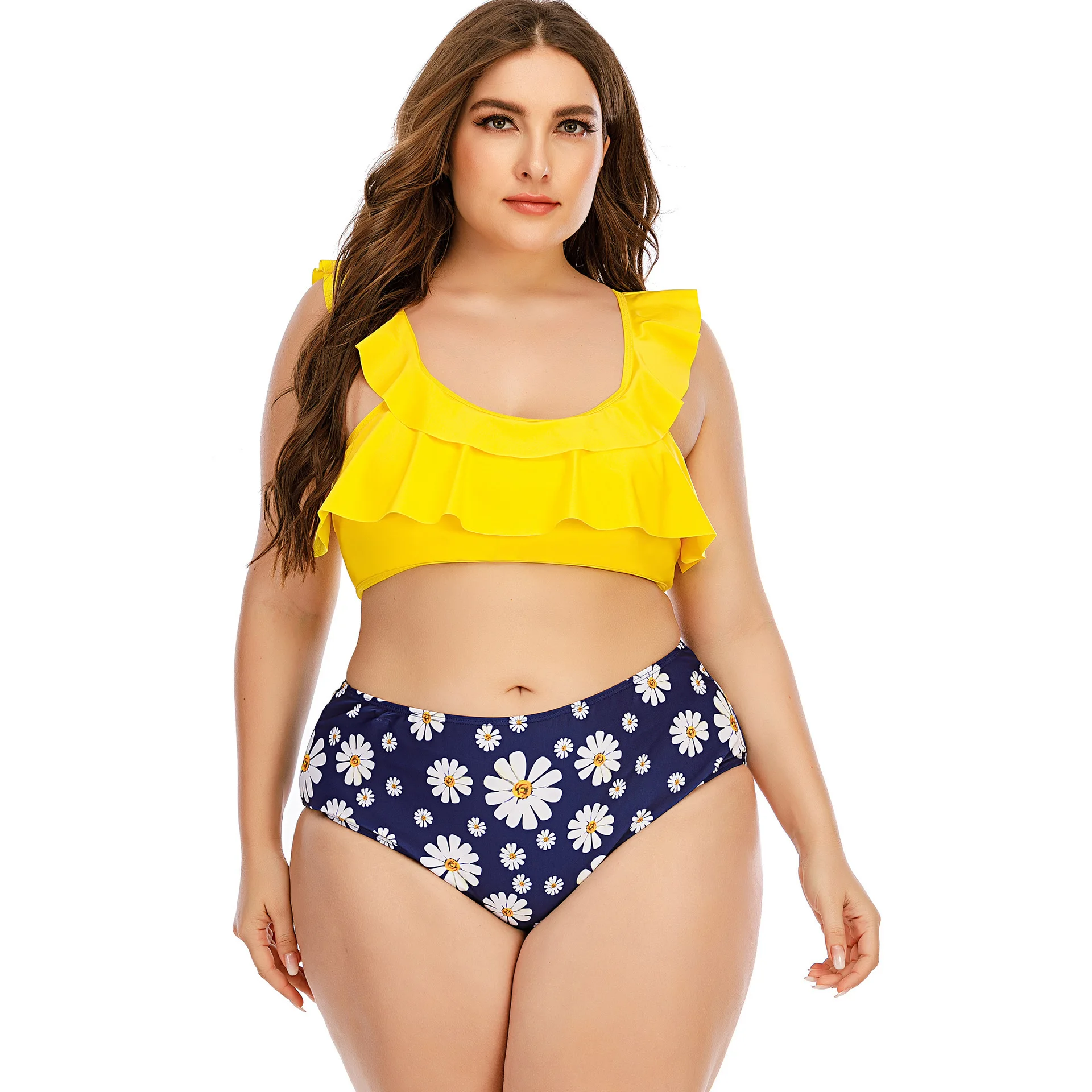 

2022 New Floral High Waist Plus Size Bikini Swimsuit Two Piece Push Up Ruffle Swimwear Summer Large Size Lace Up Beach Wear 5XL