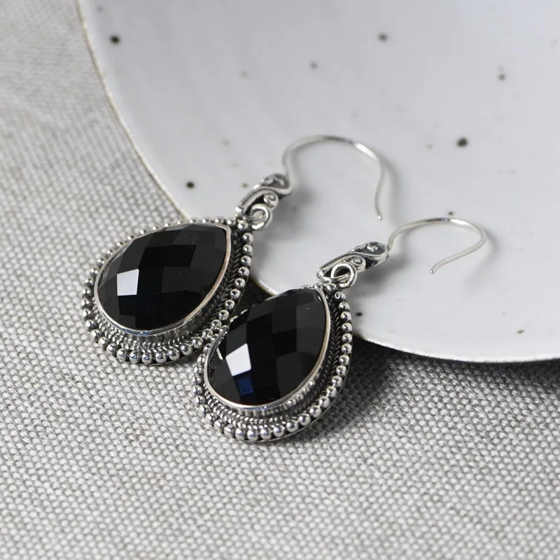 

FNJ Vintage Black Agate Earrings 925 Silver Original Pure S925 Sterling Silver Drop Earring for Women Jewelry Simple