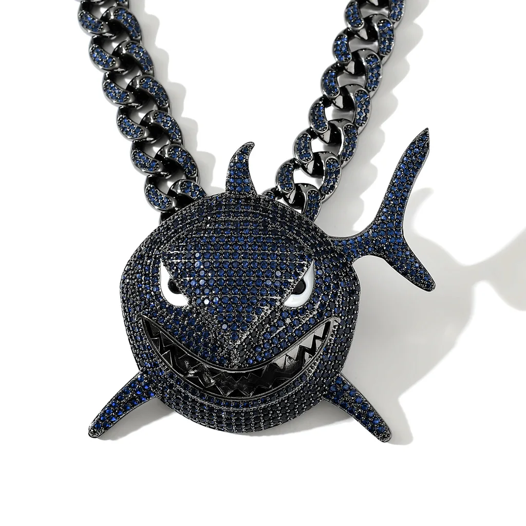 

Черный Цвет синий CZ камнем Bling, верхняя одежда, большие размеры, из подвеска в виде акулы ожерелья для мужчин в стиле хип-хоп, ювелирные издел...