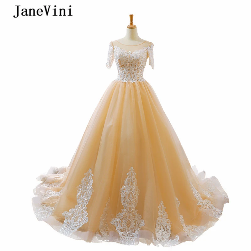 

JaneVini Ливан Шампанское Длинные Выпускные платья 2021 Совок Тюль Арабский белое платье с кружевной аппликацией для женщин; Большие размеры веч...