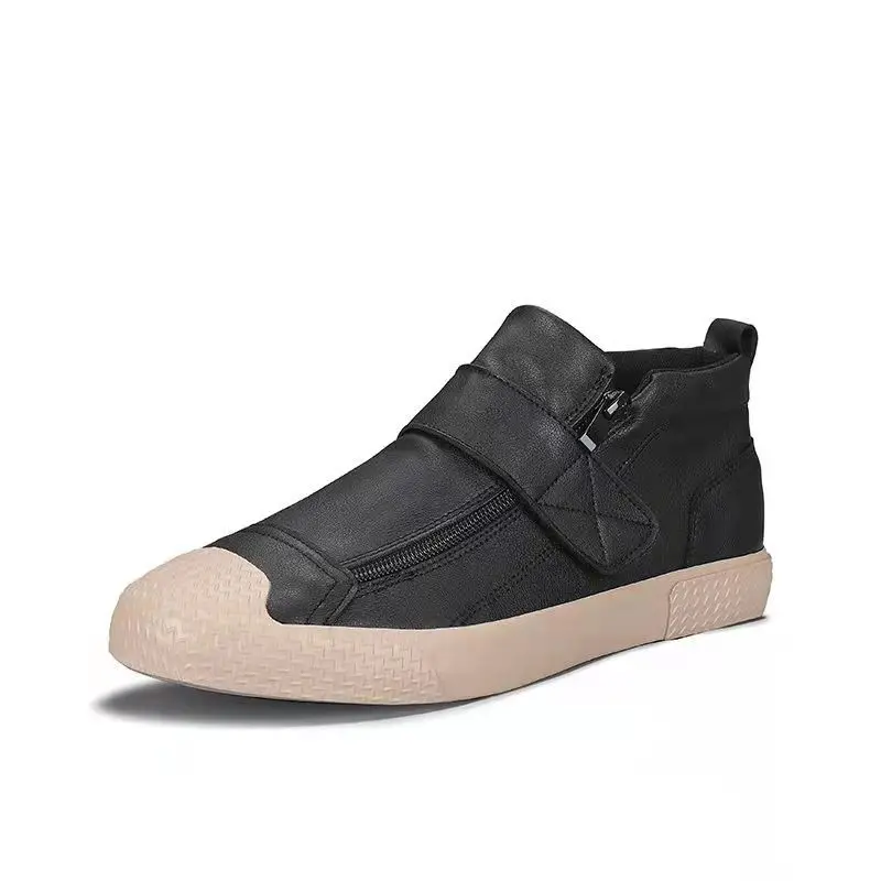 

Мужские высокие кожаные туфли на платформе, Вулканизированная подошва, модные однотонные дышащие кроссовки на молнии, на липучке, повседне...