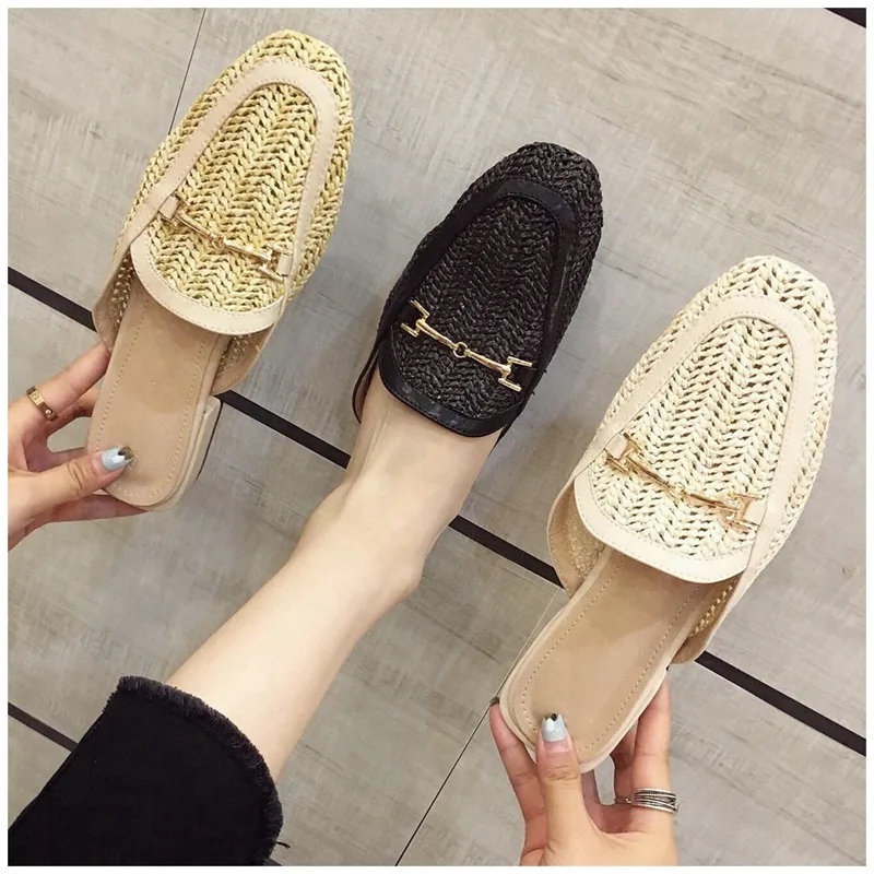 New Fashion Women Mules Slipper Low Heel Slip On Slide Sandals Cane Woven Beach Summer Slippers Flat Sandals