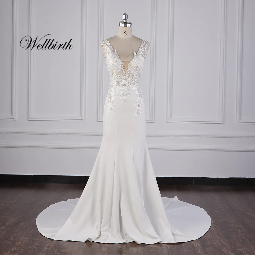 100% реальное изображение Wellbirth Vestido de novia v образный вырез zippber сзади Русалка