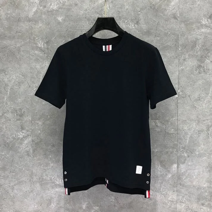 

2021 Fashion TB THOM Brand T-shirt O-Neck Collar Striped Patchwork Short-sleeved T-shirt Men Women Cotton Couple Summer Clothing