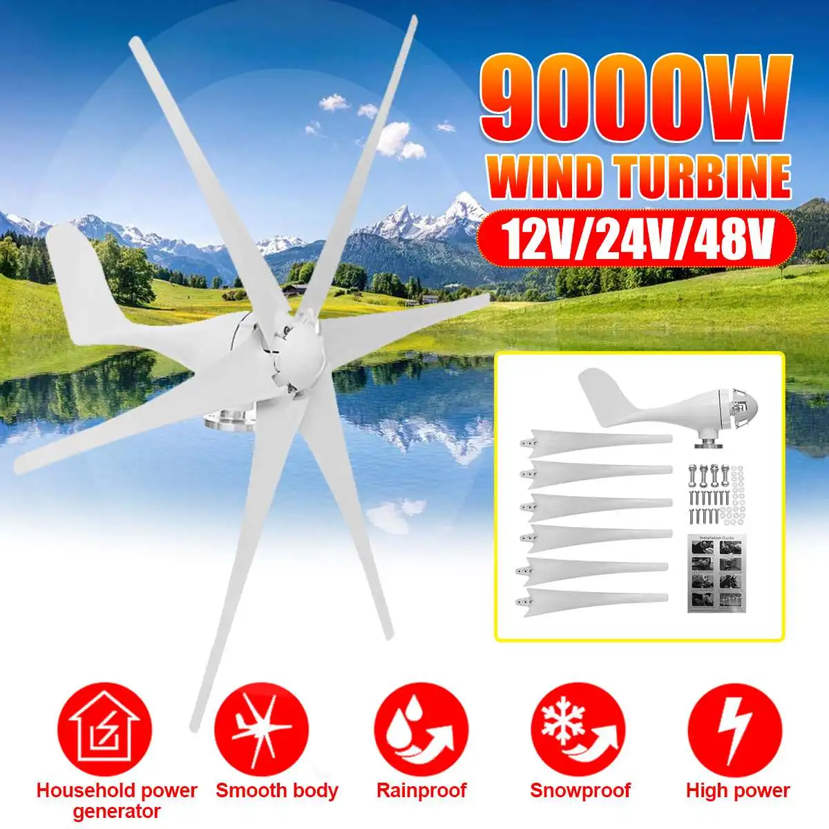 

9000W 12V/24V/48V 6 Blade Wind Turbines Generator Efficient Wind Turbines Horizontal Home Power Windmill Energy Turbines Charge