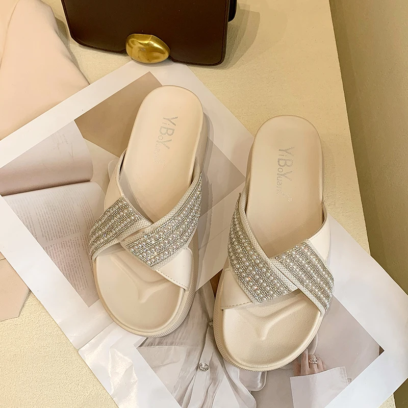 

Shoes Woman 2021 Slippers Casual Pantofle Heeled Mules Shale Female Beach Platform Luxury Rubber New High Flat Sabot Slides PU