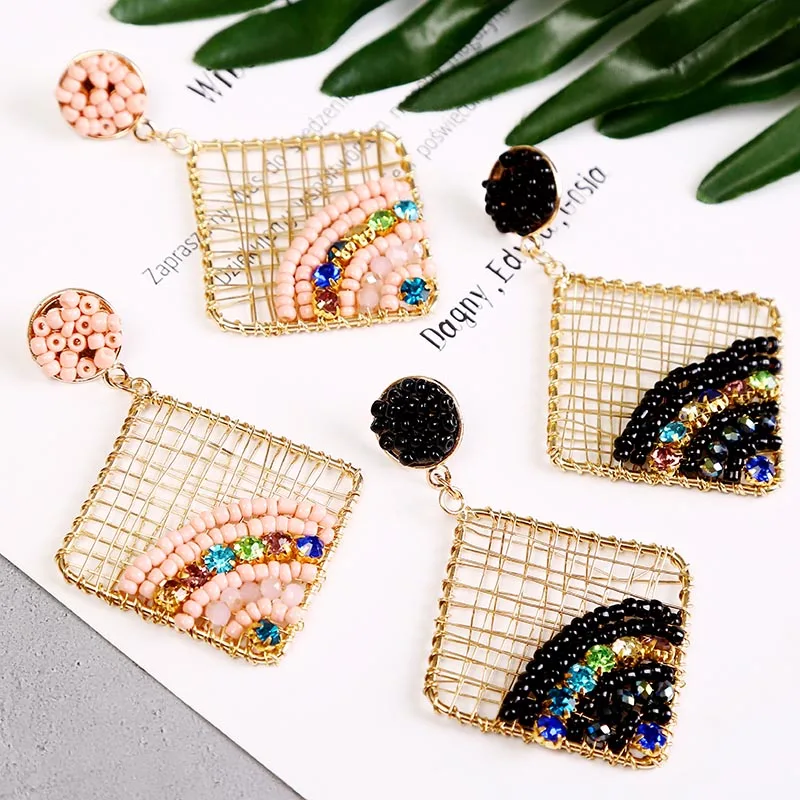 Женские Геометрические серьги ручной работы розовые квадратные подвески с