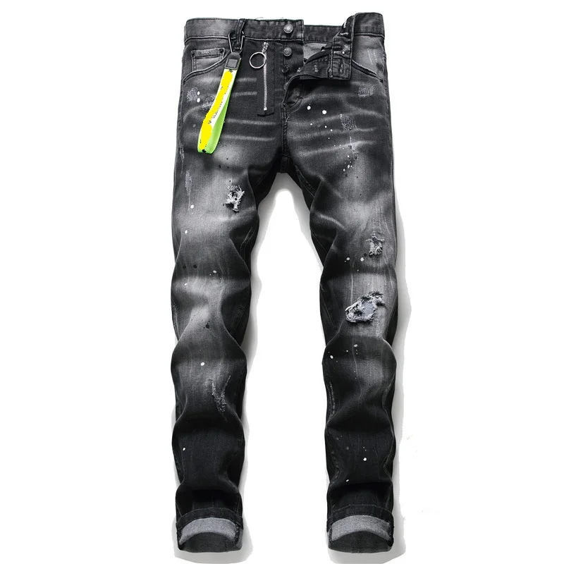 

European American Style DSQ Famous Brand Jeans Gothic Men Slim Jeans Denim Trousers Button Blue Hole Jeans Pencil Pants for Men