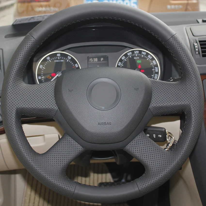 

Black Leather Hand-stitched Car Steering Wheel Cover for 2014 Skoda Octavia 2013 Skoda Fabia