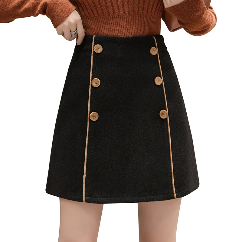 

2021 Spring Autumn New Style Women Korean Fashion Solid All-match Short Skirt High Waist Buttons Woolen Bag Hip A-line Skirt