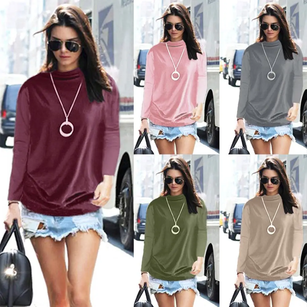 Футболка женская с высоким воротником и длинным рукавом однотонная Повседневная