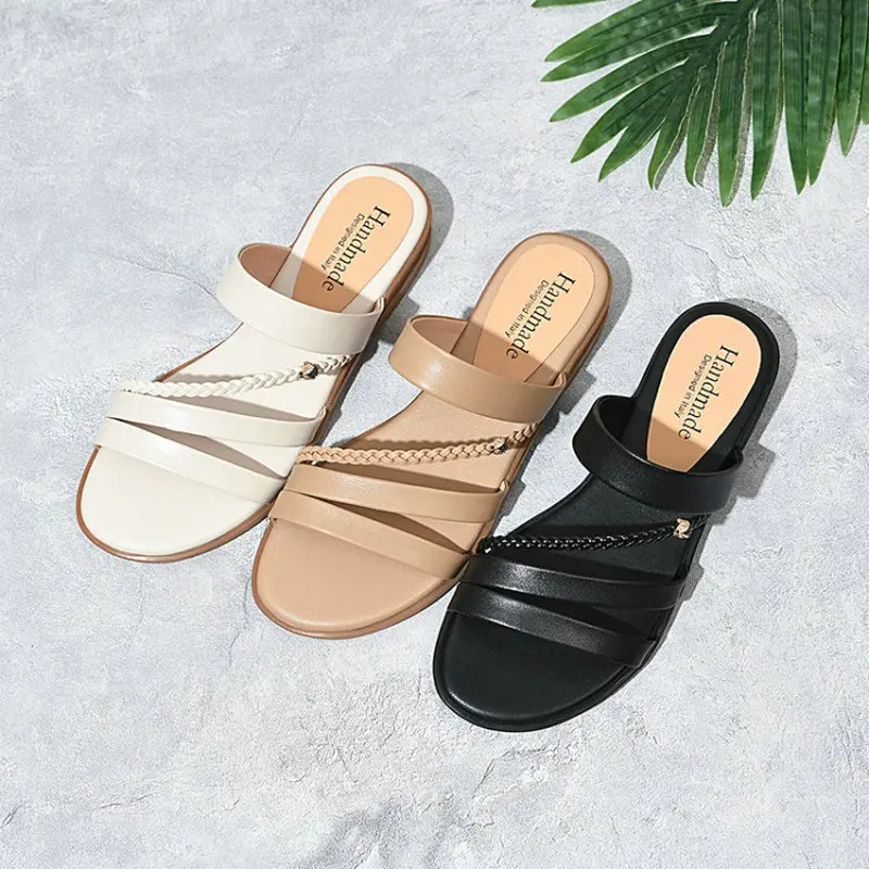 

ZawsThia Cheap 2021 Genuine Cow Leather Open Toe Women Summer Shoes Slippers Nude Slip On Woman Flat Beach Sandals Mules Slides