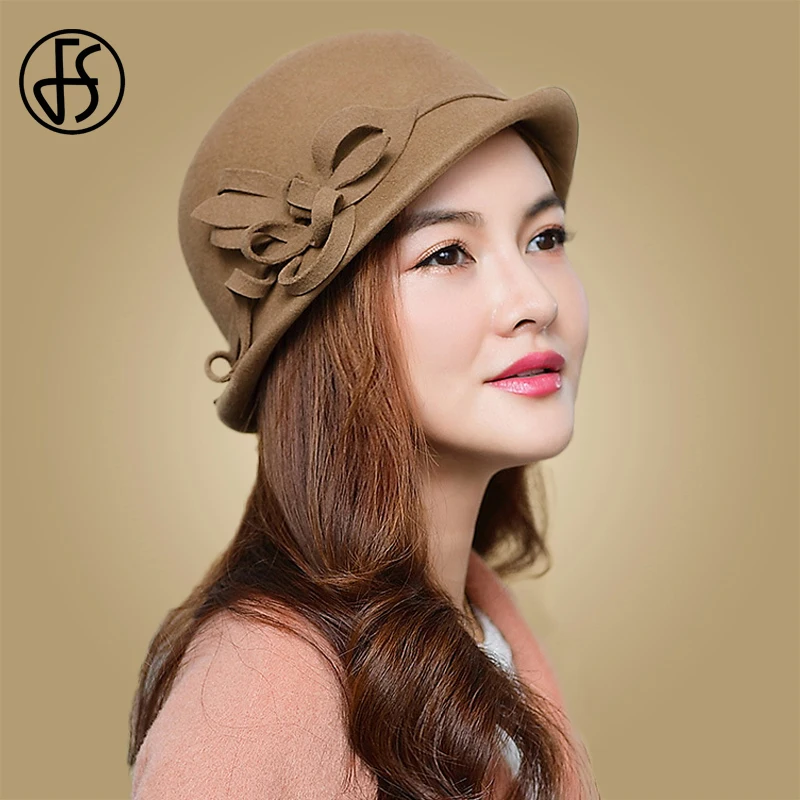 Женская винтажная фетровая шляпка FS черная шерстяная с цветочным рисунком на