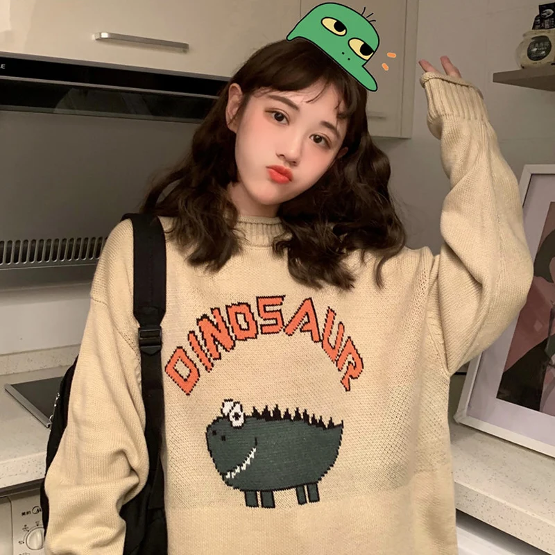 

Funny Letter Dinosaur Sweater Women Harajuku Vintage O-neck Winter Pullover Long Sleeve Loose Knitted Oversize Sweater Warm Tops