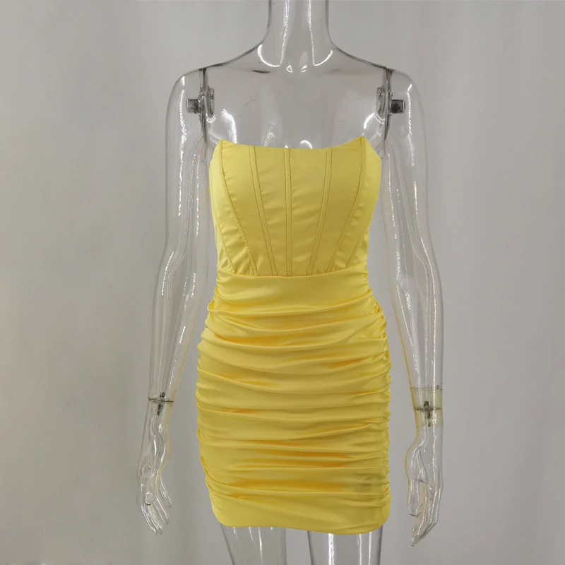 

Fashioncyes Satin Sexy Party Summer Dresses For Women Bodycon Mini Dress Club Strapless Casual Dress Black Yellow Solid Vestidos