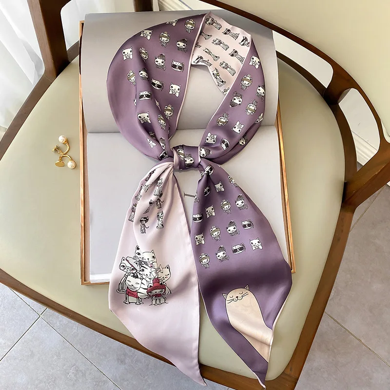 

2021 Animal Print Woman Small Silk Scarf Cat Rabbit Spring Autumn Ribbon Luxury Neck Scarves Long Female Headband Bag Strap