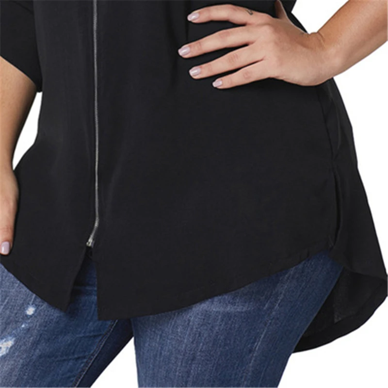 

2020 New Autumn Blouse Women Trendy V-neck Solid color Zipper Chiffon fabric Loose plus size Street style Female Tops High Grade