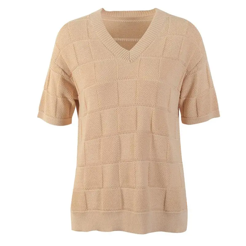 

Looes Woven Knit V-Neck Profile Short Sleeve T-Shirt Khaki Plus Size Women Summer Casual Top Brand New Vestido Clothing