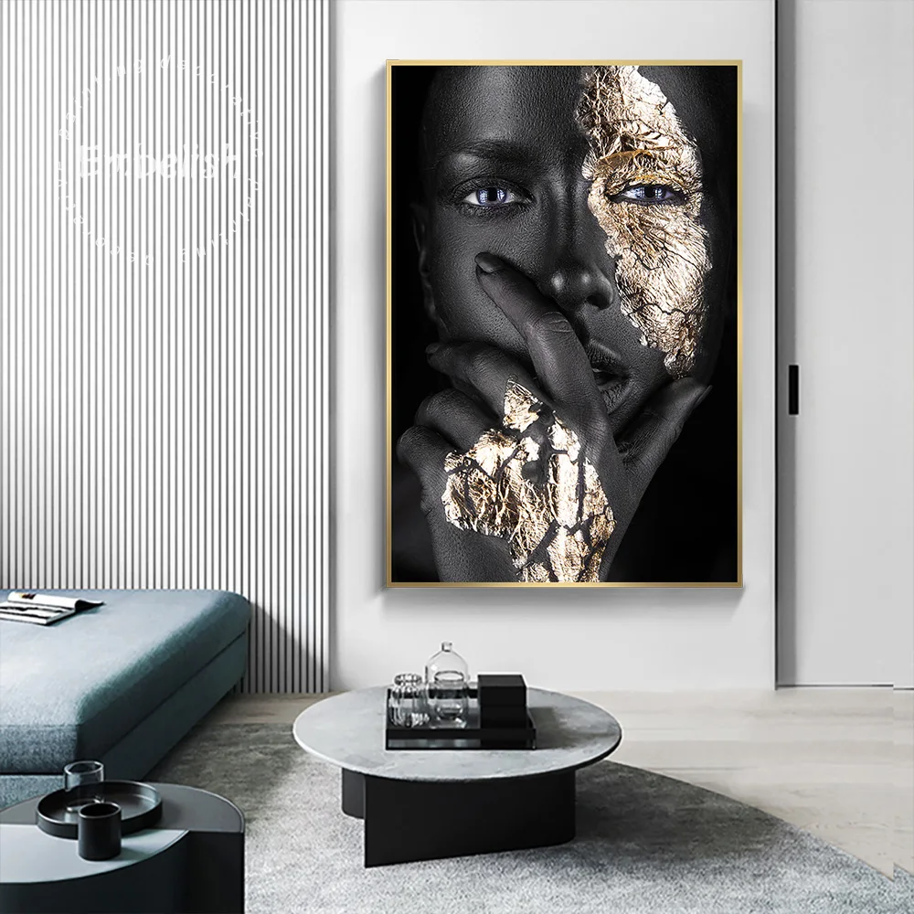 

1 Pieces Black And Golden African Woman Cuadros Wall Posters For Living Room Golden Hands Posters Home Decor HD Canvas Paintings