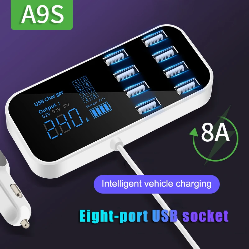 

Phone Charger 8 USB Ports Overcharge Protection LCD Screen Real-Time Display Travel Adapter AS99