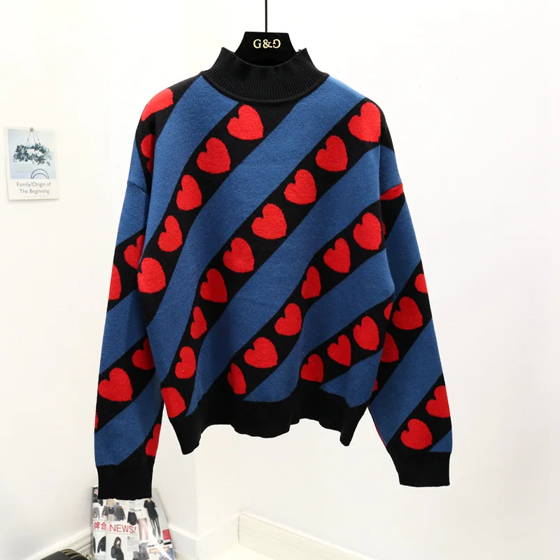 

new autumn winter net red pop sweater fashion loose foreign style versatile color matching love semi high neck sweater