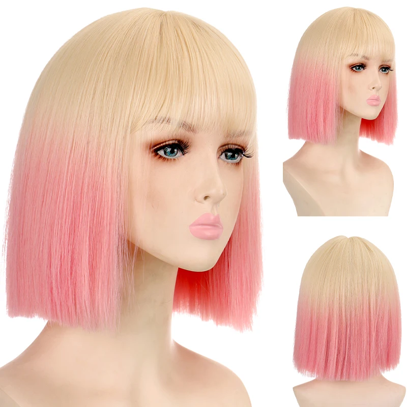 Yellow pink straight short natural daily synthetic wig female white with heat-resistant tassels cosplay female fiber bob wig