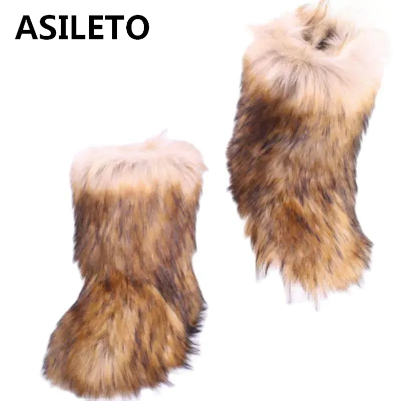 ASILETO Winter Boots women Real hairy Ostrich Feather furry Fur flats plush ski outdoor eskimo boots fluffy shoes bootie T553